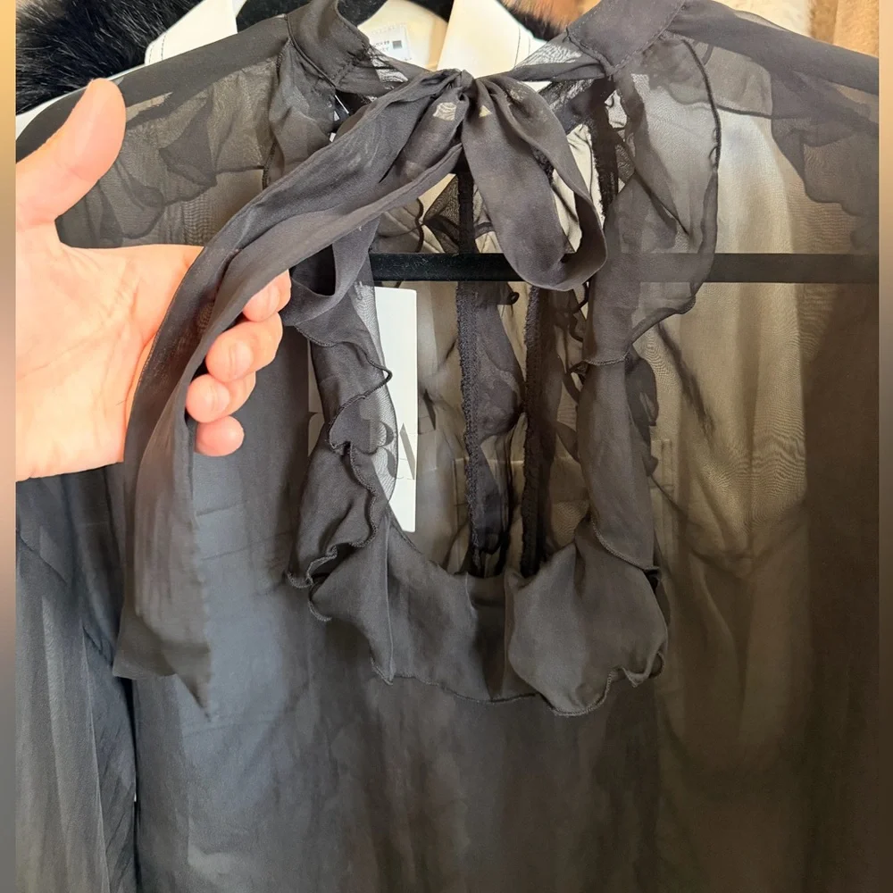 Zara NWT black ruffle long sleeve sheer mesh blouse - Picture 8 of 10